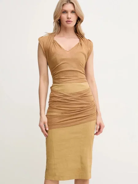 Pinko sukienka lniana midi dopasowana brązowy