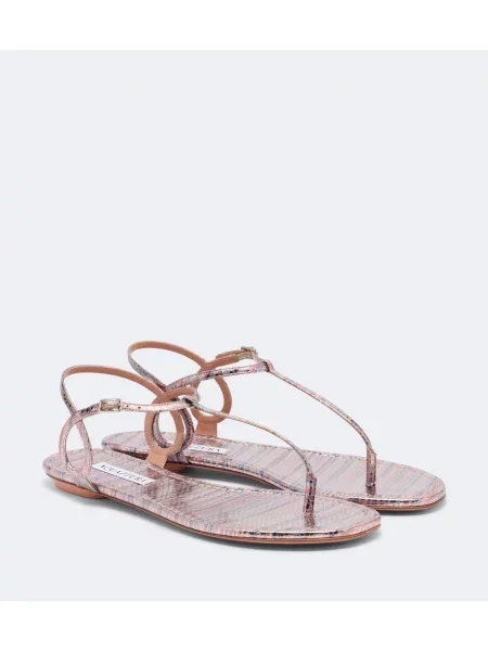 Chiloți tanga Aquazzura din piele cu dungi roz