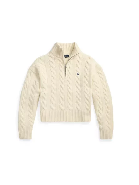 Kardigan Polo Ralph Lauren wełniany z logo z dekoltem w serek beżowy