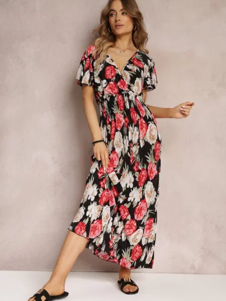 Kopertowa Sukienka Maxi w Kwiaty z Gumką w Talii Jazzly czarna