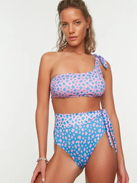 Bikini Trendyol cu talie înaltă cu model leopard albastru