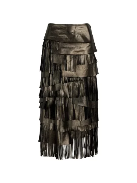 Fustă midi Ralph Lauren Collection cu franjuri gri