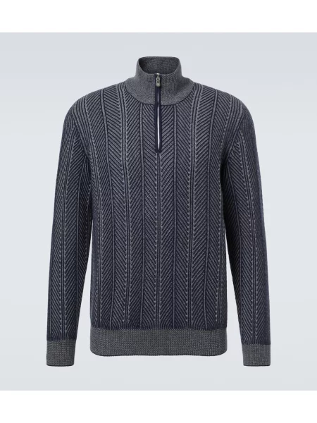 Pulover Brunello Cucinelli din cașmir cu model herringbone de jumătate de fermoar albastru