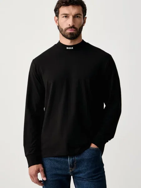 BOSS Green majica z dolgimi rokavi z elastanom Tee Collar Long črna