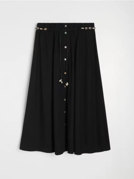 Спідниця міді з декоративним поясом з домішкою льону чорний