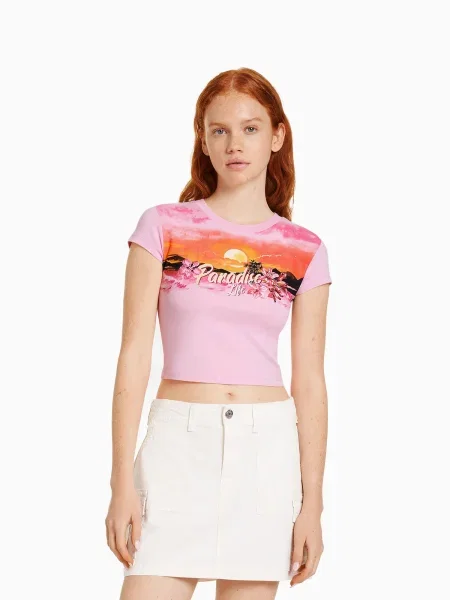 Bershka Majica oranžna / fuksija / roza črna