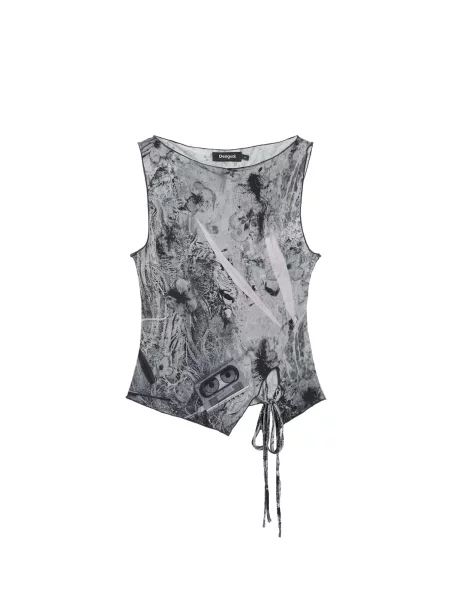 Desigual Top Photo Tied gri deschis negru