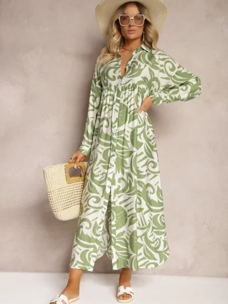 Rozkloszowana Sukienka w Kroju Szmizjerki z Zapięciem na i Falbanką Kelloena zielona