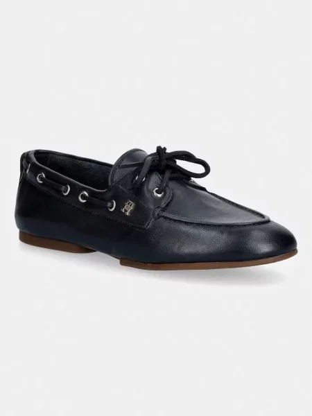 Tommy Hilfiger μοκασίνια γυναικεία δερμάτινα TH SLEEK LEATHER BOAT SHOE μπλε