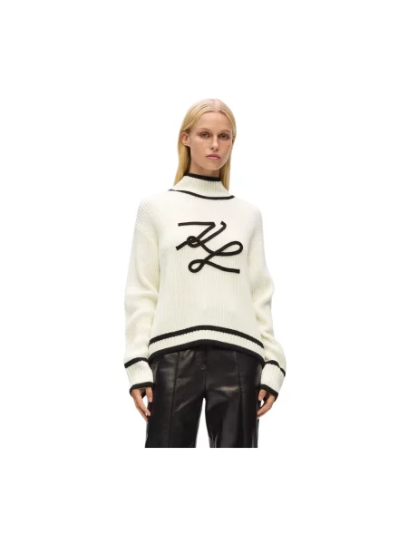 Sweter Karl Lagerfeld wełniany pleciony z logo biały