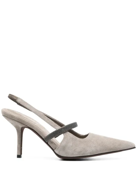 Pantofi cu toc Brunello Cucinelli din piele de căprioară slingback gri