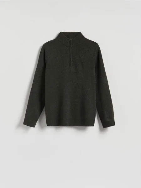 Reserved Sweter z rozpinanym golfem ciemnozielony