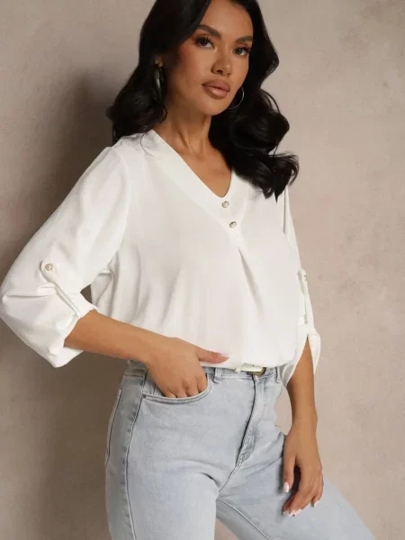 Bluzka Trapezowa z Dekoltem w Kształcie Litery V i Podpinanymi Rękawami Morlimi biała