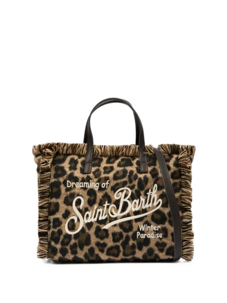 Geantă shopper Mc2 Saint Barth cu franjuri cu model leopard maro