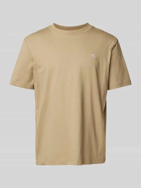 T-shirt z prążkowanym okrągłym dekoltem Calvin Klein Jeans brązowa