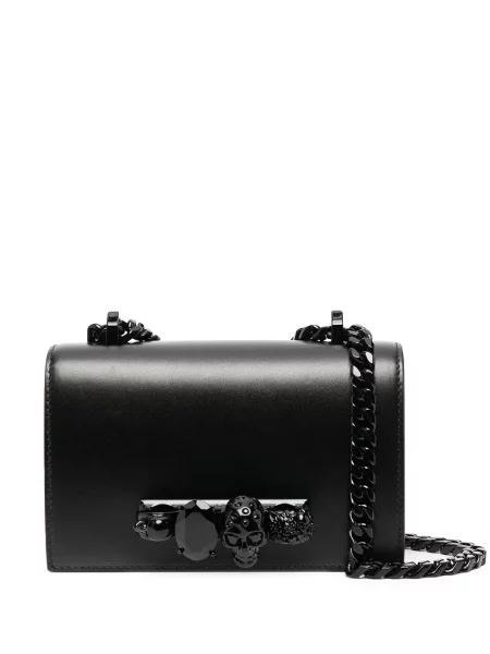ショルダーバッグ・ポシェット ALEXANDER MCQUEEN BLACK LEATHER MINI SATCHEL CROSSBODY BAG MCQUEEN Jewelled Satchel mini embellished croc-effect