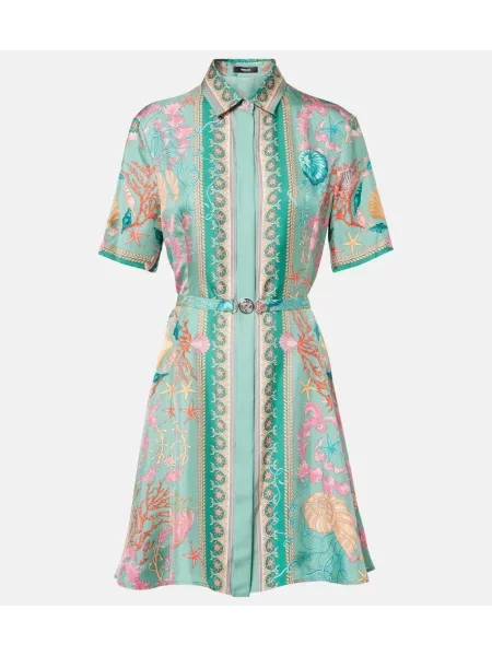 Jedwabna sukienka koszulowa Versace garniturowa zielona