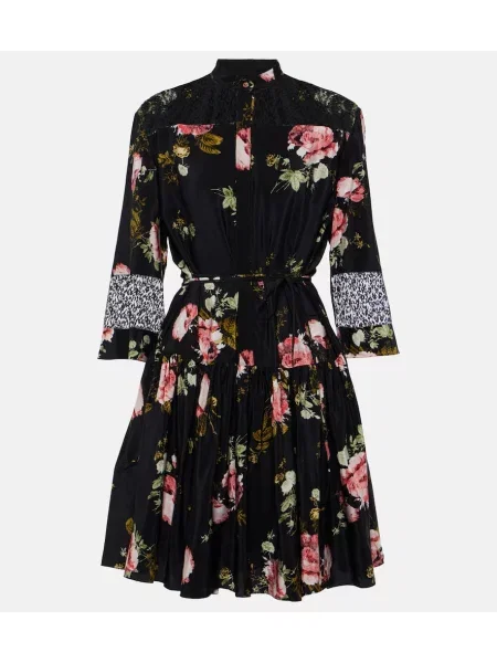 Rochie Erdem de mătase cu model floral negru