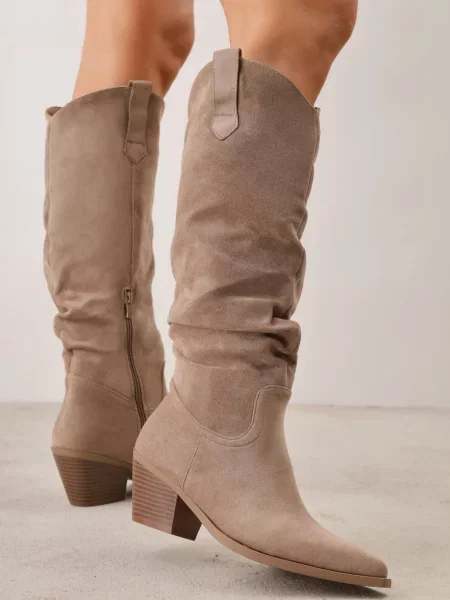 Cizme Ideal din piele cu toc conic conici bej