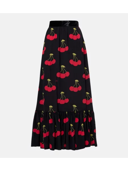 Fustă midi Valentino de mătase cu imagine până la genunchi negru
