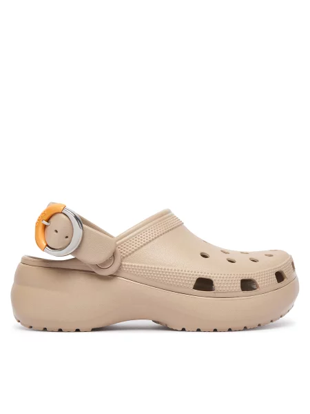 Klasické pantofle Crocs na platformě s přezkou béžové