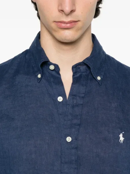 Cămașă Polo Ralph Lauren cu model herringbone lungă de in albastru