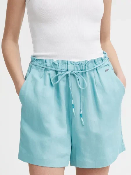 Pepe Jeans szorty lniane MARTA turkusowy gładkie high waist