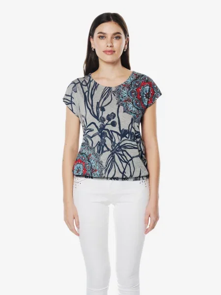 KOROSHI Tricou albastru marin / azuriu roșu gri