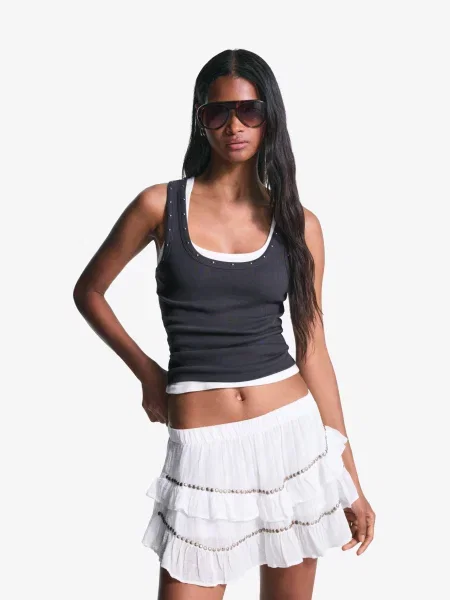 Bershka Spódnica Mini Z Falbankami I Ćwiekami Kobieta L biały