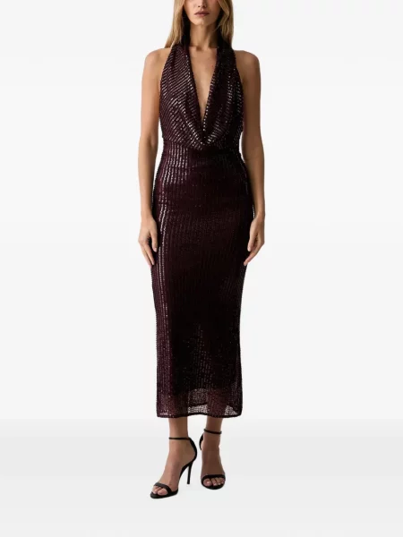 Rochie midi Bardot cu paiete cu gât halter violet