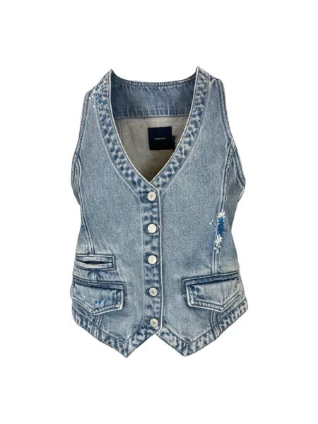 Haftowana kamizelka jeansowa Denham z dekoltem w serek niebieska