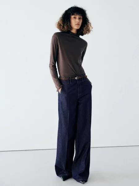 Jeansy wide leg z wysokim stanem Kobieta XL MANGO niebieski