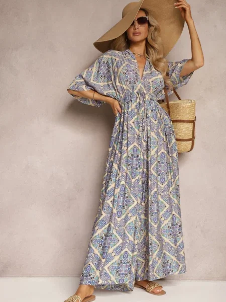 Boho Kombinezon z Wiązaniem na Plecach z Gumką w Pasie i Długimi Nogawkami Sopolia niebieski