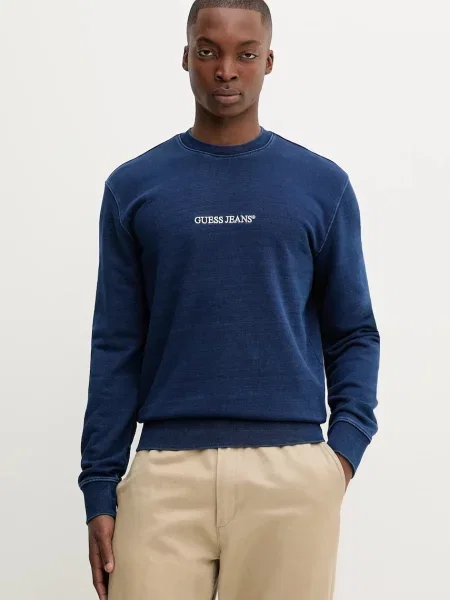 Bombažen pulover Guess Jeans modra