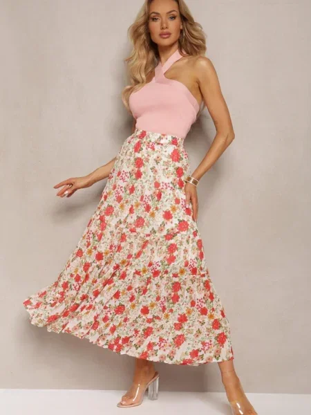 Fustă florală alb-roșie cu în talie și volane Qeritellia alb