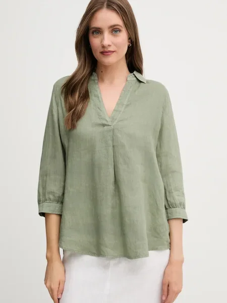 Ленена блуза OUI дамска с изчистен дизайн зелено