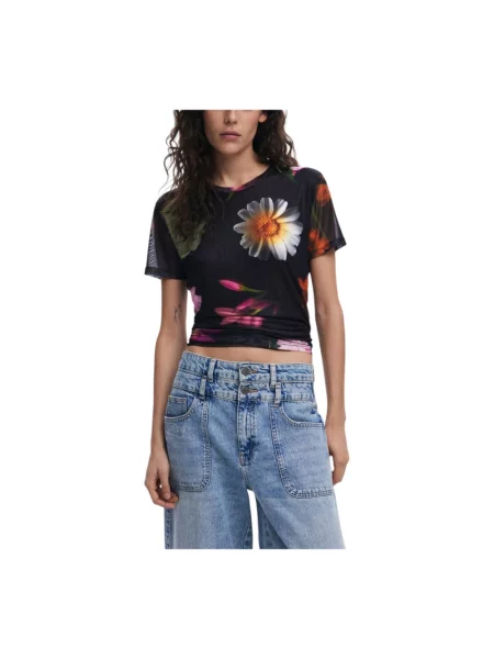 Desigual Koszulki Kobieta Wielobarwność XS Kwiatowy Top z siateczki czarna