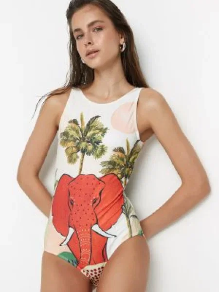 Stroj jednoczęściowy Trendyol w tropikalny nadruk biały