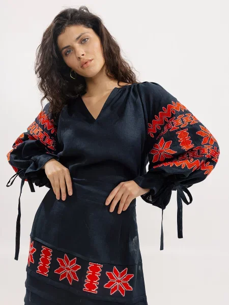 Льняная рубашка Embroidered Gem с вышивкой синяя