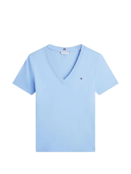 Tricou Tommy Hilfiger cu broderie cu decolteu în V albastru