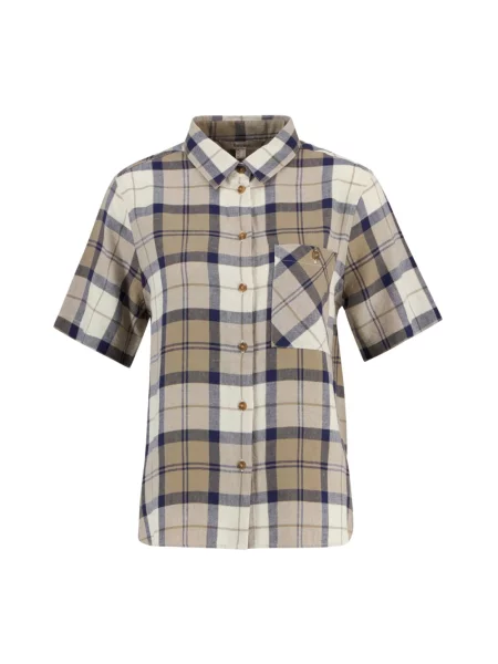 Lniana koszula z krótkim rękawem Barbour w kratę z krótkim rękawem beżowa