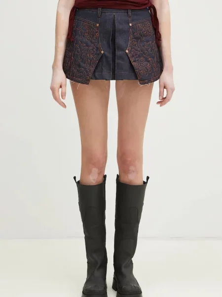 Andersson Bell fustă din denim Embroidery Panel Pleated Denim bleumarin mini creion