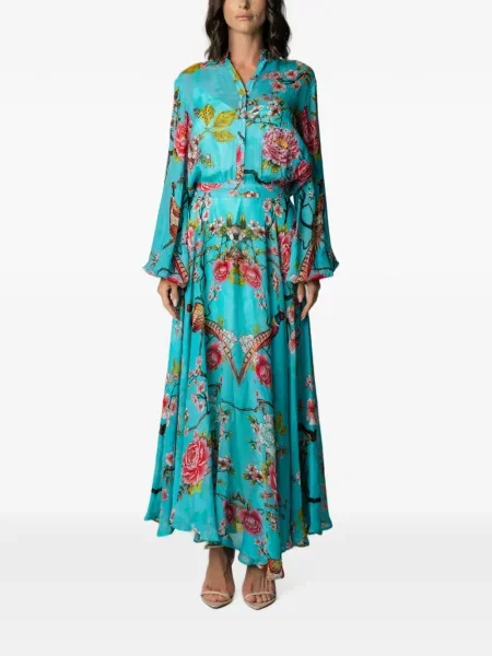 Rochie midi Miau By Clara Rotescu de mătase cu model floral cu imagine albastru