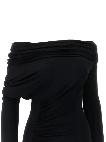 Rochie midi The Andamane drapată până la genunchi cu un umăr gol negru