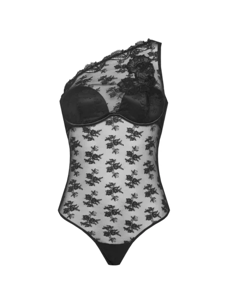 Body Guess cu model floral din dantelă cu un umăr gol negru