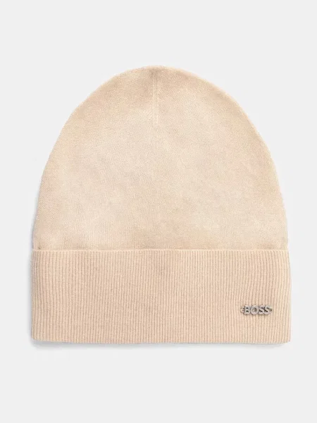 Вълнена шапка BOSS с фина плетка от вълна бежово