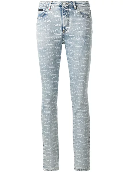 Skinny jeansy skinny Philipp Plein z nadrukiem niebieskie