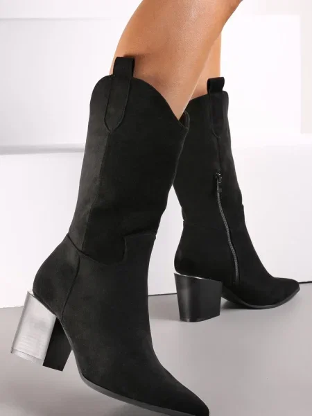 Botine stil cowboy cu înalt și carâmb lung Mabilla negre