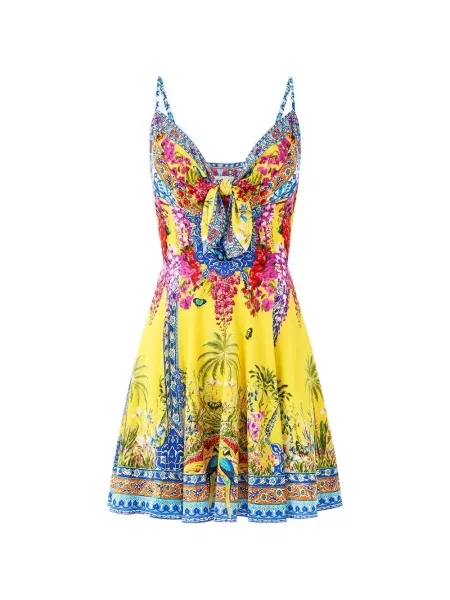 Mała sukienka mini Camilla wiązana garniturowa żółta