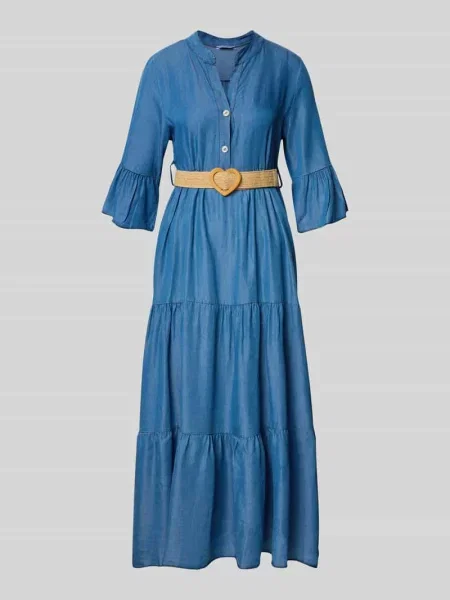 Sukienka denimowa z paskiem i rękawy z falbanami model Zabaione niebieska